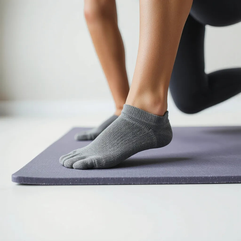 Grip socks with textured soles on a yoga mat, showing traction for mat workouts