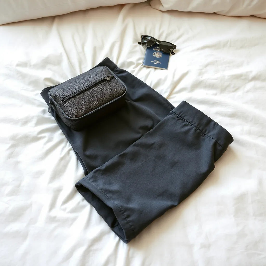 Men’s wrinkle resistant travel pants neatly folded with travel steamer and packing cube on a bed.