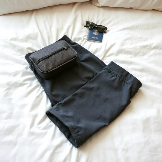 Men’s wrinkle resistant travel pants neatly folded with travel steamer and packing cube on a bed.