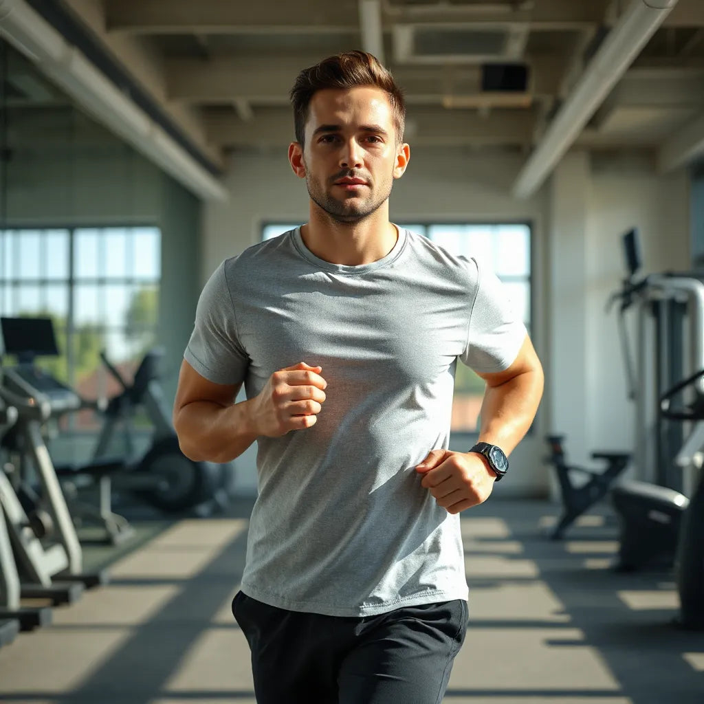 Men’s moisture-wicking training t-shirt on an athlete mid-workout in bright, minimal setting