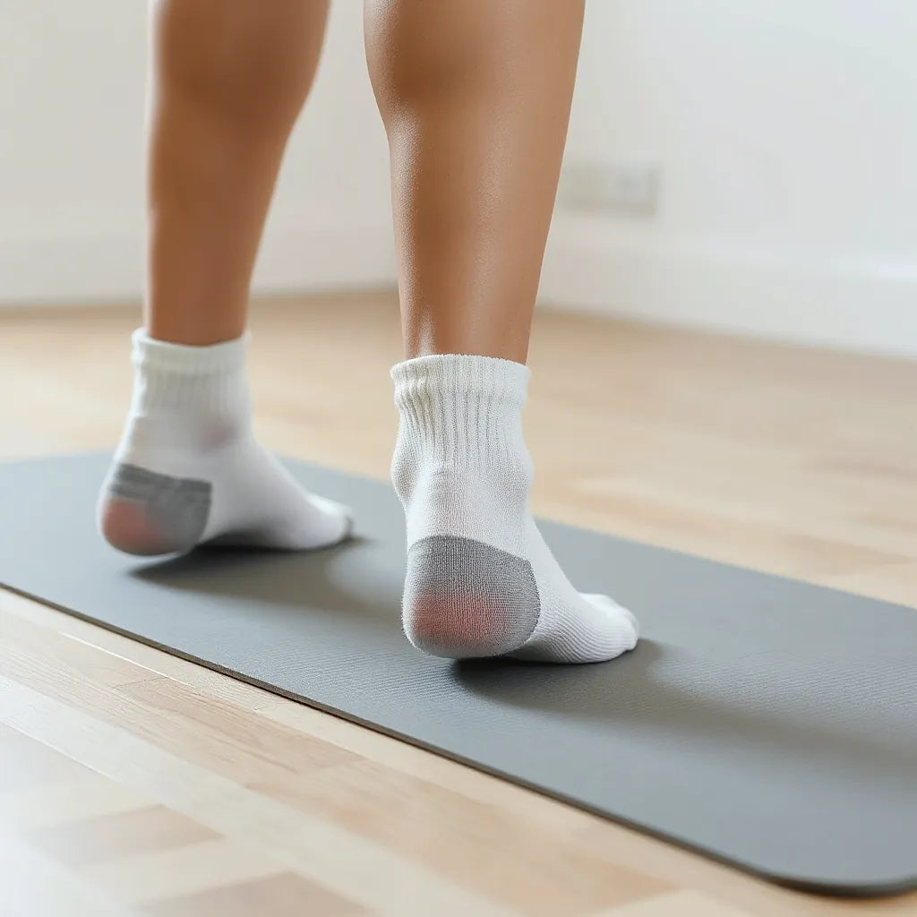 Person wearing anti-slip ankle socks with visible grip texture on the sole during a home workout