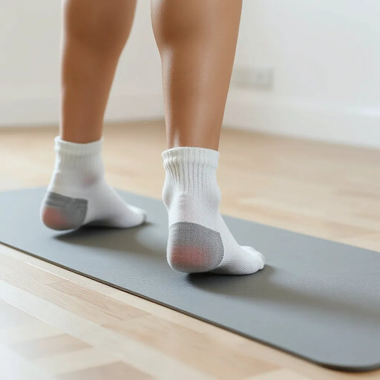 Person wearing anti-slip ankle socks with visible grip texture on the sole during a home workout