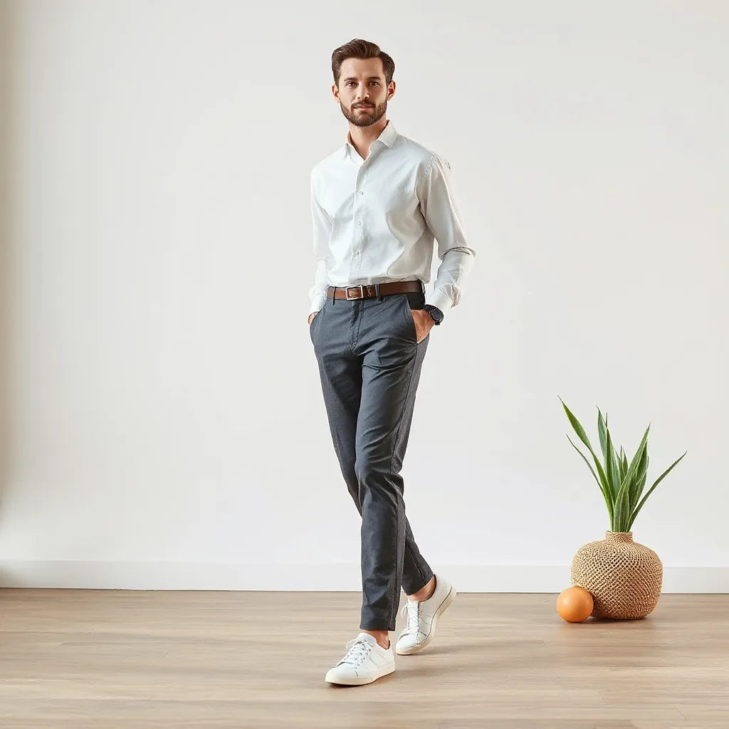 Man modeling four way stretch chinos with visible fabric texture and comfortable fit