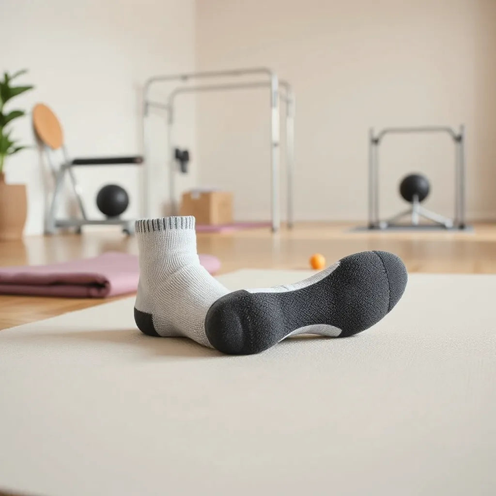 Grip-pattern studio workout socks resting on a yoga mat in a bright, minimal fitness studio