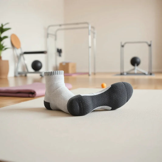 Grip-pattern studio workout socks resting on a yoga mat in a bright, minimal fitness studio