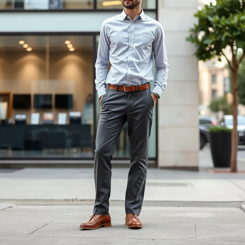 Man wearing tailored mens commuter stretch trousers in navy near a city sidewalk