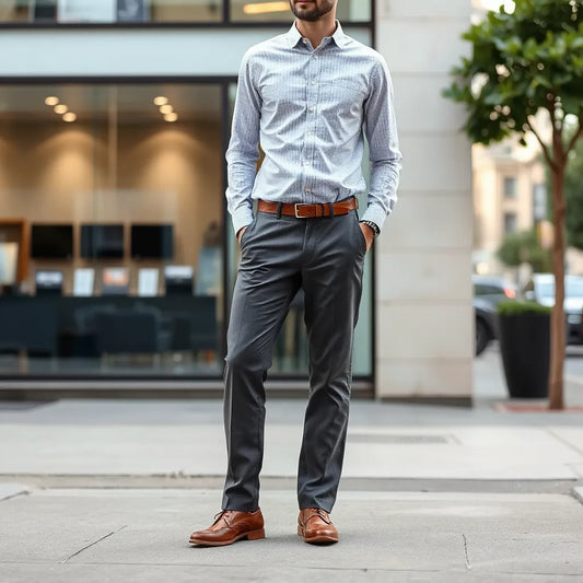 Man wearing tailored mens commuter stretch trousers in navy near a city sidewalk