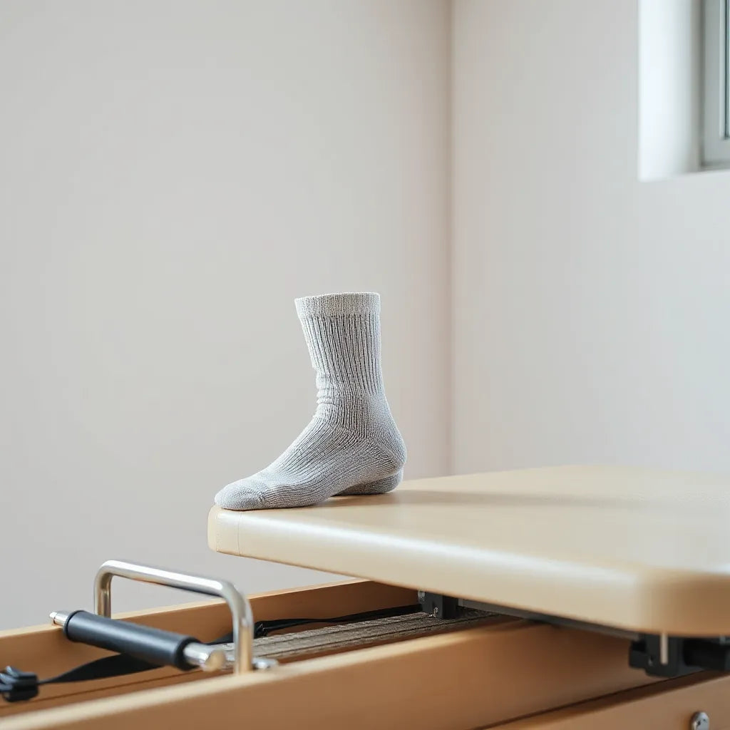 Gripped reformer pilates socks resting on a Pilates reformer carriage in a clean studio