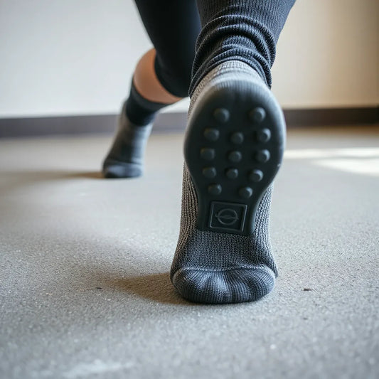 Exercise socks with grips showing rubber traction pads on a gym floor during a lunge stance
