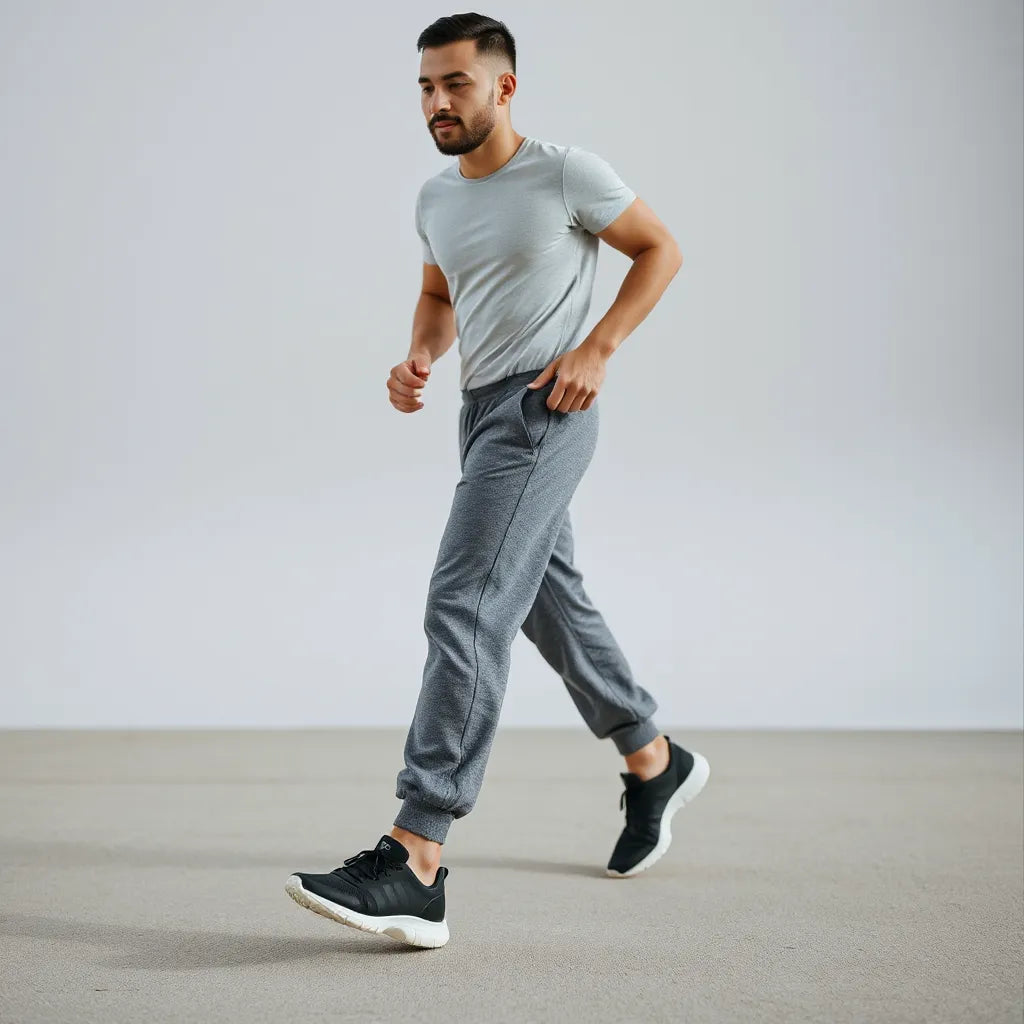 Man jogging in fitted performance joggers with breathable fabric and flexible movement