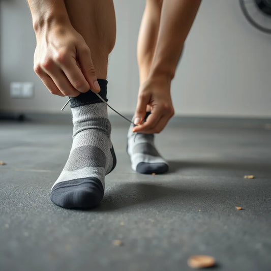 Gym-ready feet wearing non-slip socks with visible traction grip on a clean workout floor