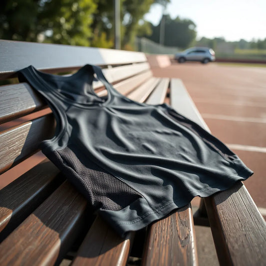 Breathable running tank top with visible mesh texture and ventilation details in soft natural light