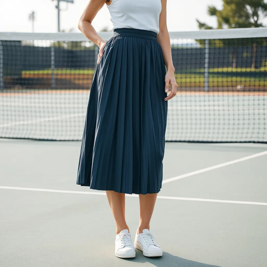Woman standing on a tennis court wearing a solid pleated tennis skirt with visible pleats