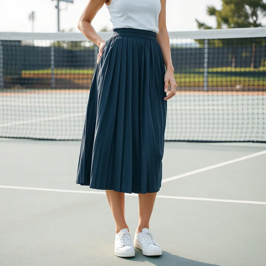 Woman standing on a tennis court wearing a solid pleated tennis skirt with visible pleats