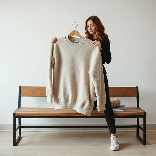 Relaxed oversized fleece sweatshirt with plush texture held on a minimalist bench