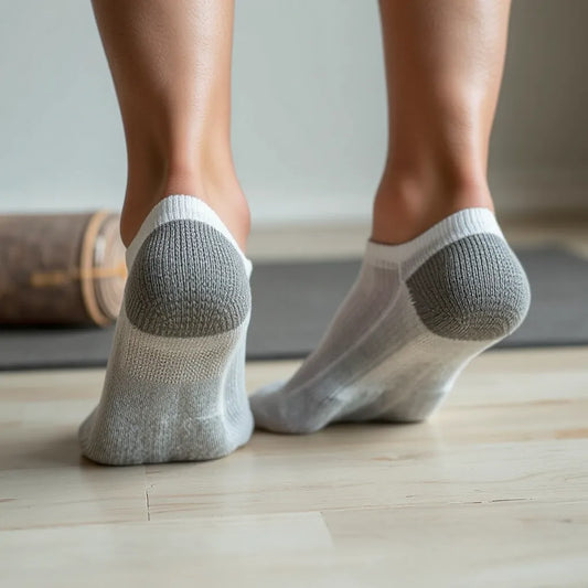 Adult feet in non skid socks showing textured grip soles on a clean indoor floor