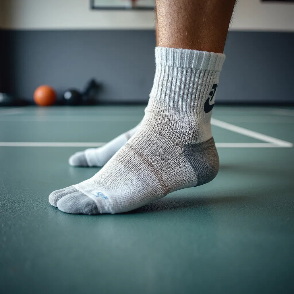Anti slip sports socks with traction pattern on a trainer’s feet for stable workouts