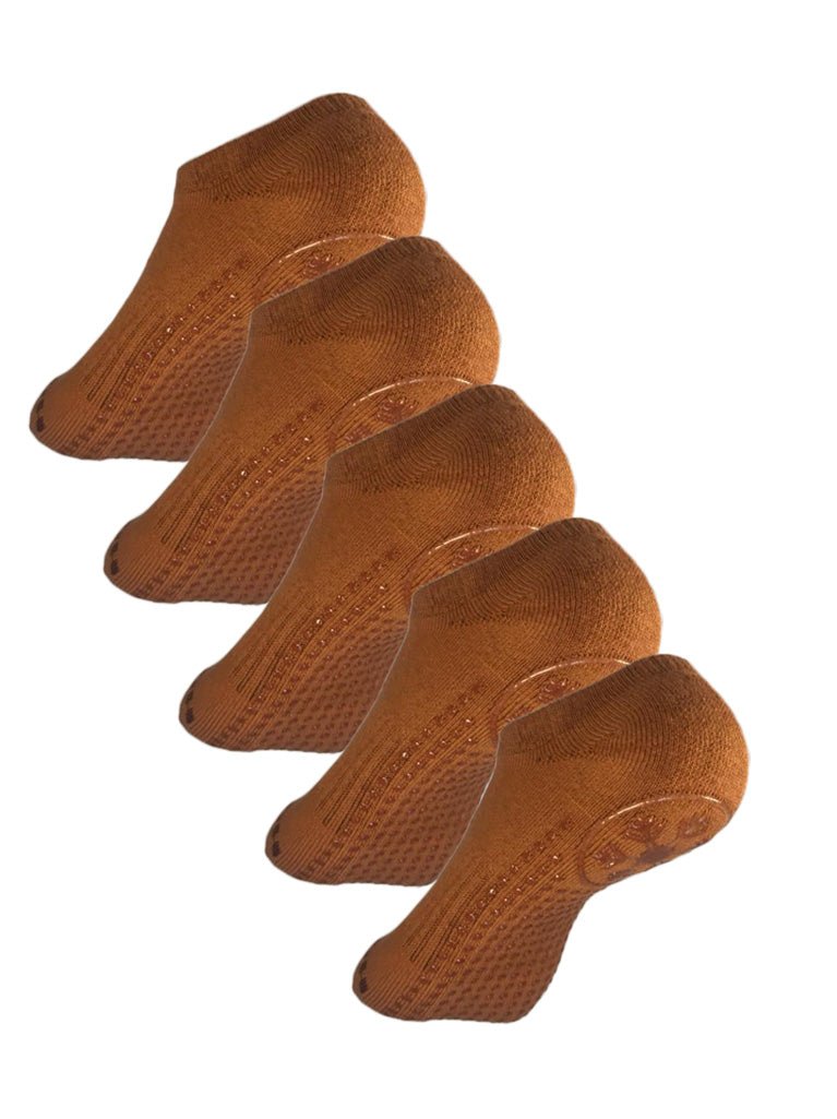 Antislips Grip Sock - No Show - Brown - 5 pair pack - Hot Eskimo